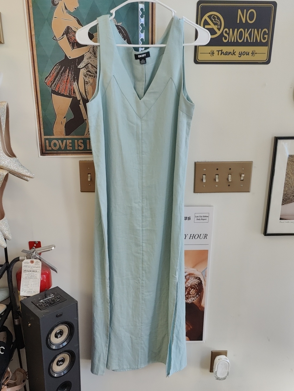 DKNY Pale Aqua Linen V-Neck Sleeveless Maxi Dress